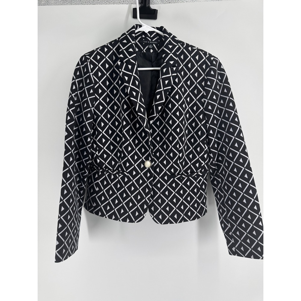 Zac & Rachel Womens Black White Geometric Diamond Print Single Button Blazer 10